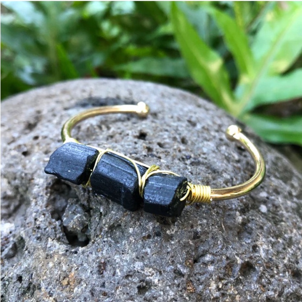 Black Tourmaline Gemstone Gold Bangle Cuff Bracelet "Protection" Bracelet